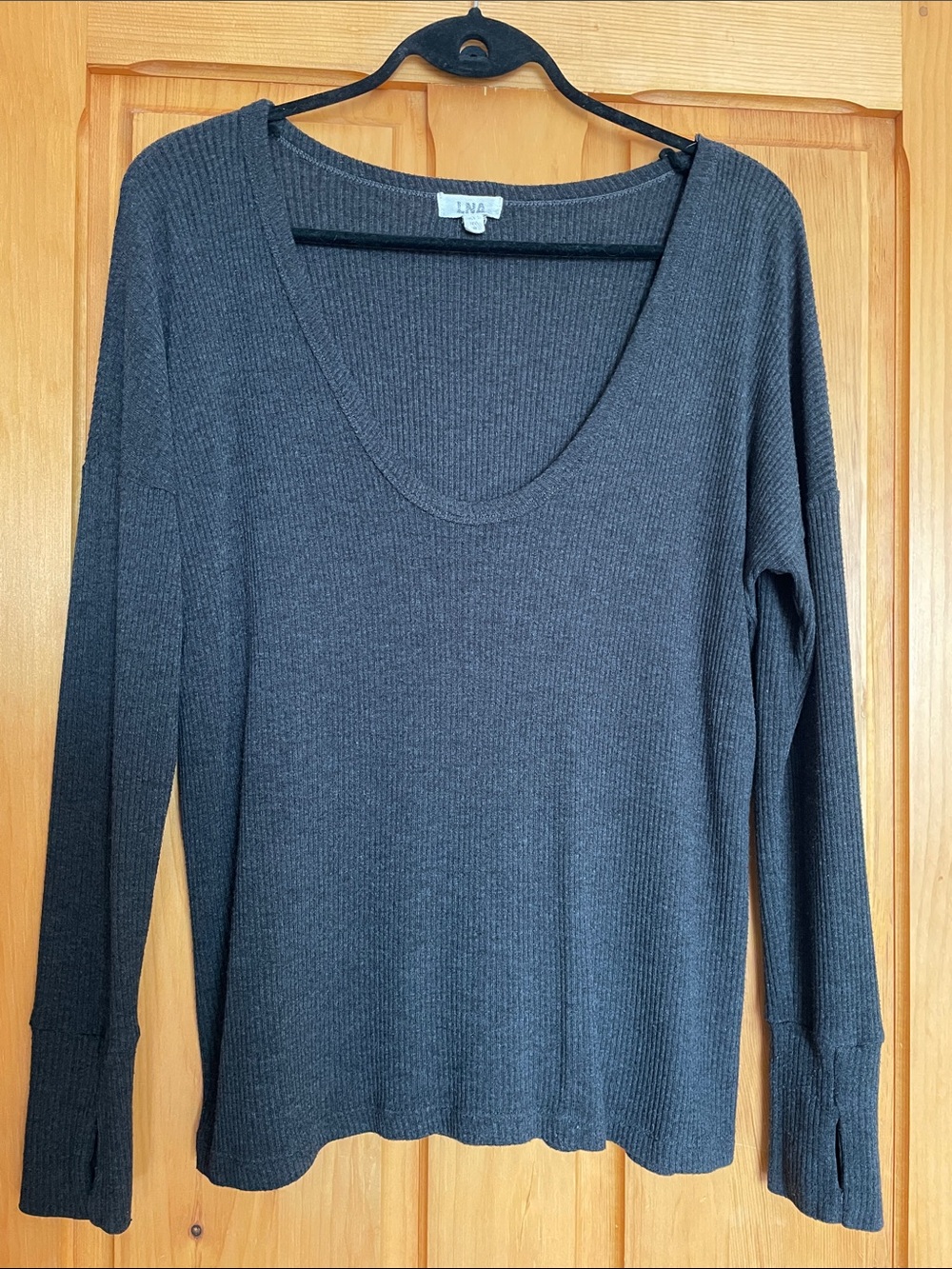 M    LNA   Ribbed V Neck Long Sleeve Top - Charcoal Gray REVOLVE